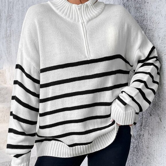 White Casual Womens Stripe Pattern Half Zipper Drop Shoulder Sweater - Picture 4 of 5